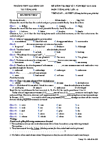 4 Đề kiểm tra học kì 1 Tiếng Anh 10 - Đề 209 - Năm học 2019-2020 - Trường THPT Mạc Đĩnh Chi (Có đáp án)
