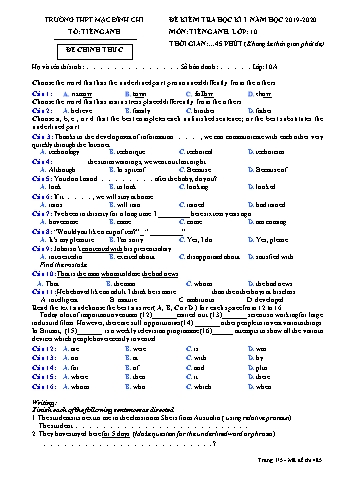 4 Đề kiểm tra học kì 1 Tiếng Anh 10 - Đề 485 - Năm học 2019-2020 - Trường THPT Mạc Đĩnh Chi (Có đáp án)