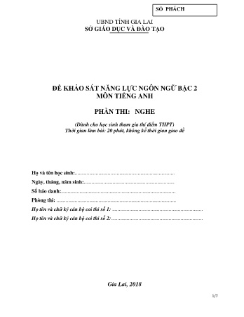 Đề khảo sát năng lực ngôn ngữ bậc 2 môn Tiếng anh THPT - Phần nghe - SGD&ĐT Gia Lai