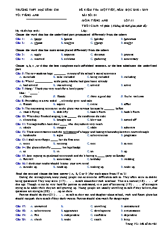 Đề kiểm 1 tiết môn Tiếng Anh 11 - Đề 485 - Năm học 2018-2019 - Trường THPT Mạc Đĩnh Chi (Có đáp án + Ma trận)