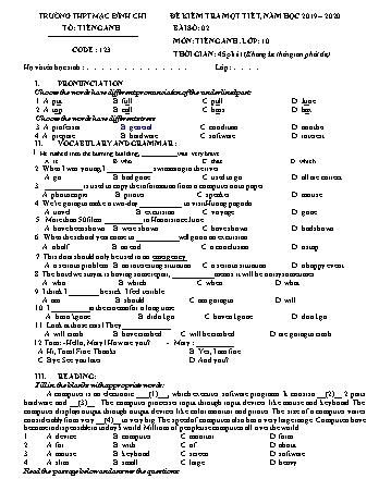 Đề kiểm tra 1 tiết 1 môn Tiếng Anh Lớp 10 - Đề 123 - Năm học 2019-2020 - Trường THPT Mạc Đĩnh Chi (Có đáp án)