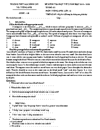 Đề kiểm tra 1 tiết 1 môn Tiếng Anh Lớp 10 - Đề 135 - Năm học 2019-2020 - Trường THPT Mạc Đĩnh Chi (Có đáp án)
