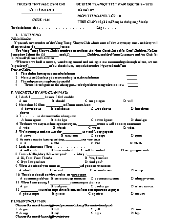 Đề kiểm tra 1 tiết 1 môn Tiếng Anh Lớp 10 - Đề 234 - Năm học 2019-2020 - Trường THPT Mạc Đĩnh Chi (Có đáp án)