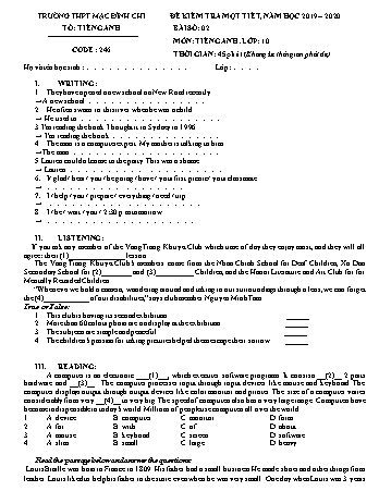 Đề kiểm tra 1 tiết 1 môn Tiếng Anh Lớp 10 - Đề 246 - Năm học 2019-2020 - Trường THPT Mạc Đĩnh Chi (Có đáp án)