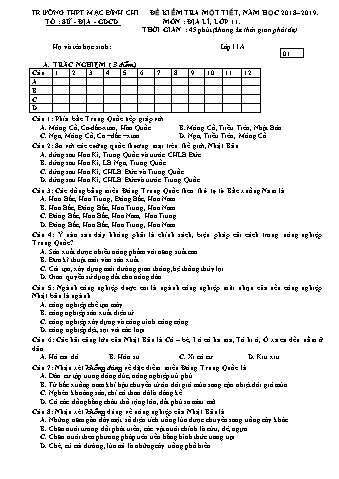 Đề kiểm tra 1 tiết Địa lí Lớp 11 - Đề 1 - Năm học 2018-2019 - Trường THPT Mạc Đĩnh Chi (Có đáp án)