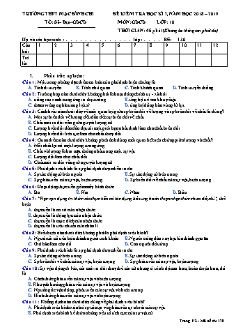 Đề kiểm tra 1 tiết Giáo dục công dân 10 - Trường THPT Mạc Đĩnh Chi - Năm học 2018-2019 (Có đáp án + Ma trận)