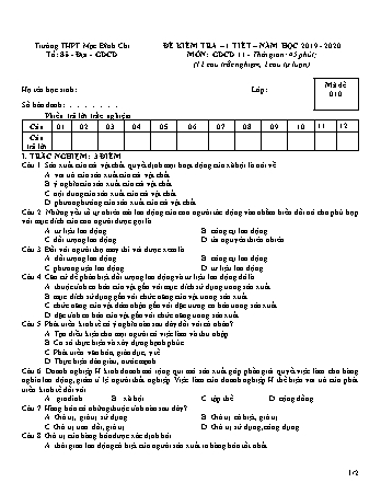 Đề kiểm tra 1 tiết Giáo dục công dân 11 - Đề 1 - Năm học 2019-2020 - Trường THPT Mạc Đĩnh Chi (Có đáp án + Ma trận)