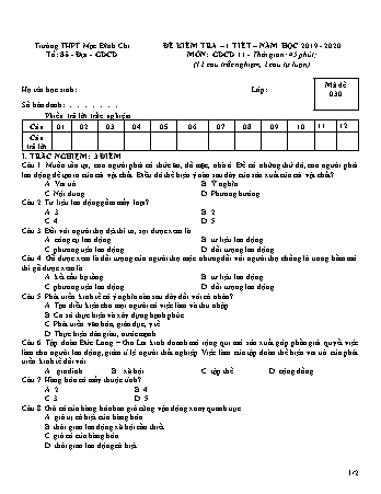 Đề kiểm tra 1 tiết Giáo dục công dân 11 - Đề 3 - Năm học 2019-2020 - Trường THPT Mạc Đĩnh Chi (Có đáp án)