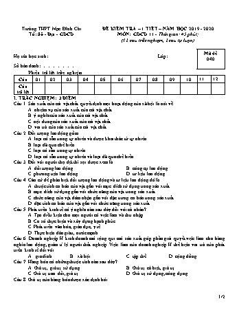 Đề kiểm tra 1 tiết Giáo dục công dân 11 - Đề 4 - Năm học 2019-2020 - Trường THPT Mạc Đĩnh Chi (Có đáp án + Ma trận)