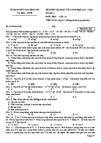 Đề kiểm tra 1 tiết Hóa học 10 - Đề 3 - Năm học 2019-2020 - Trường THPT Mạc Đĩnh Chi (Có đáp án + Ma trận)