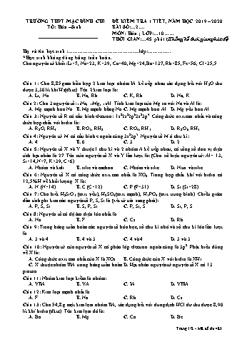 Đề kiểm tra 1 tiết Hóa học 10 - Đề 485 - Năm học 2019-2020 - Trường THPT Mạc Đĩnh Chi (Có đáp án)