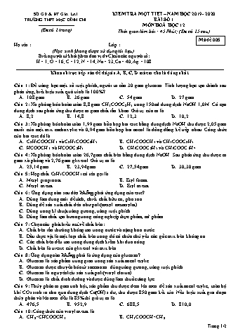 Đề kiểm tra 1 tiết Hóa học 12 - Đề 5 - Năm học 2019-2020 - Trường THPT Mạc Đĩnh Chi (Có đáp án + Ma trận)