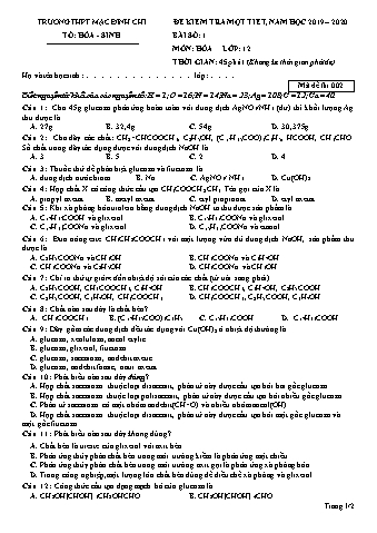 Đề kiểm tra 1 tiết Hóa học Lớp 12 - Đề 2 - Năm học 2019-2020 - Trường THPT Mạc Đĩnh Chi (Có đáp án + Ma trận)