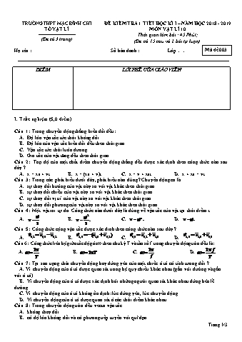 Đề kiểm tra 1 tiết học kì 1 môn Vật lí 10 - Đề 3 - Năm học 2018-2019 - Trường THPT Mạc Đĩnh Chi
