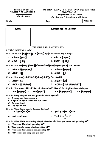 Đề kiểm tra 1 tiết lần 1 môn Toán 10 - Đề 1 - Năm học 2019-2020 - Trường THPT Mạc Đĩnh Chi (Có đáp án + Ma trận)