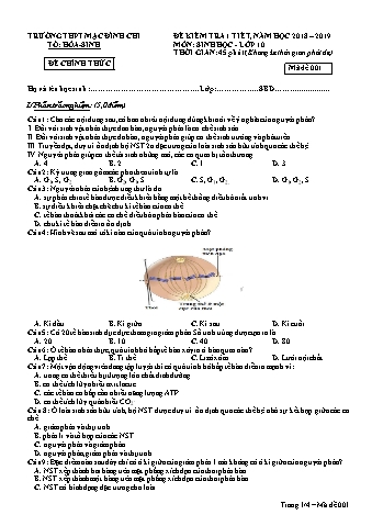 Đề kiểm tra 1 tiết lần 1 Sinh học 10 - Năm học 2018-2019 - Trường THPT Mạc Đĩnh Chi (Có đáp án + Ma trận)