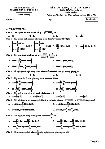 Đề kiểm tra 1 tiết lần 1 Toán lớp 11 - Đề 1 - Năm học 2019-2020 - Trường THPT Mạc Đĩnh Chi (Có đáp án)