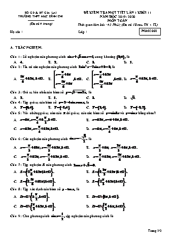 Đề kiểm tra 1 tiết lần 1 Toán lớp 11 - Đề 2 - Năm học 2019-2020 - Trường THPT Mạc Đĩnh Chi (Có đáp án)