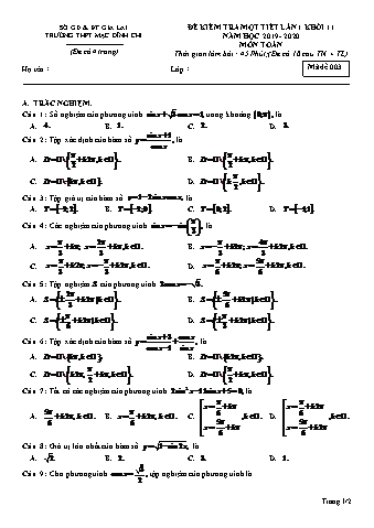 Đề kiểm tra 1 tiết lần 1 Toán lớp 11 - Đề 3 - Năm học 2019-2020 - Trường THPT Mạc Đĩnh Chi (Có đáp án)