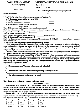 Đề kiểm tra 1 tiết lần 2 môn Tiếng Anh Lớp 11 - Đề 246 - Năm học 2019-2020 - Trường THPT Mạc Đĩnh Chi (Có đáp án)