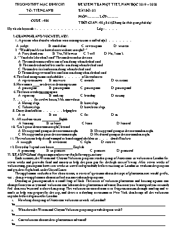 Đề kiểm tra 1 tiết lần 2 môn Tiếng Anh Lớp 11 - Đề 456 - Năm học 2019-2020 - Trường THPT Mạc Đĩnh Chi (Có đáp án)