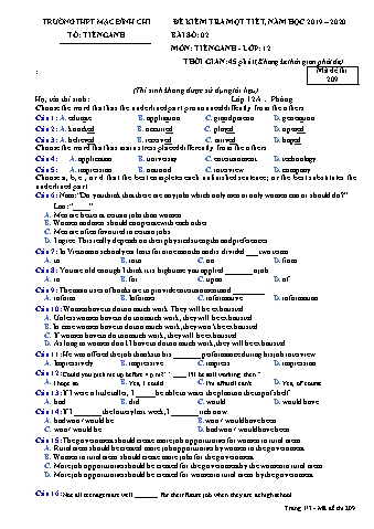 Đề kiểm tra 1 tiết lần 2 Tiếng Anh Lớp 12 - Đề 209 - Năm học 2019-2020 - Trường THPT Mạc Đĩnh Chi