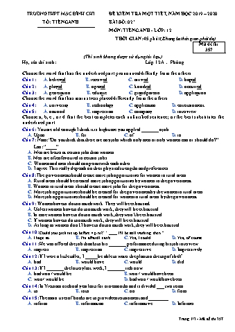 Đề kiểm tra 1 tiết lần 2 Tiếng Anh Lớp 12 - Đề 357 - Năm học 2019-2020 - Trường THPT Mạc Đĩnh Chi