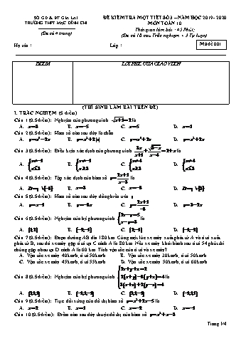 Đề kiểm tra 1 tiết  lần 3 môn Toán 10 - Đề 1 - Năm học 2019-2020 - Trường THPT Mạc Đĩnh Chi (Có đáp án + Ma trận)