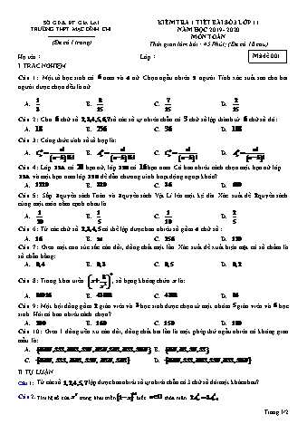 Đề kiểm tra 1 tiết lần 3 Toán lớp 10 - Đề 1 - Năm học 2019-2020 - Trường THPT Mạc Đĩnh Chi (Có đáp án)