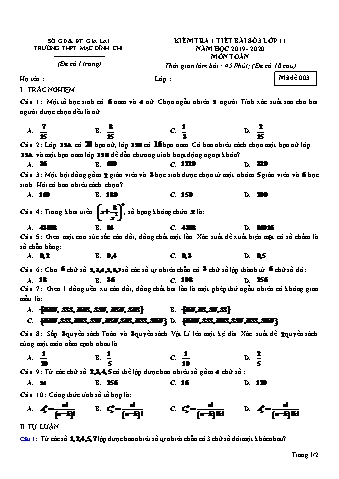 Đề kiểm tra 1 tiết lần 3 Toán lớp 10 - Đề 3 - Năm học 2019-2020 - Trường THPT Mạc Đĩnh Chi (Có đáp án)