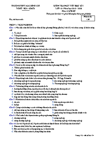 Đề kiểm tra 1 tiết Lịch sử 10 - Đề 134 - Năm học 2019-2020 - Trường THPT Mạc Đĩnh Chi (Có đáp án)