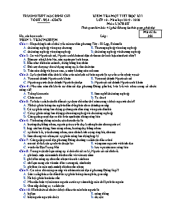 Đề kiểm tra 1 tiết Lịch sử 10 - Đề 356 - Năm học 2019-2020 - Trường THPT Mạc Đĩnh Chi (Có đáp án)