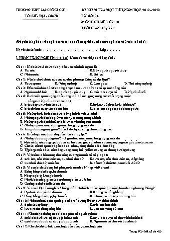 Đề kiểm tra 1 tiết Lịch sử 10 - Đề 485 - Năm học 2019-2020 - Trường THPT Mạc Đĩnh Chi (Có đáp án)