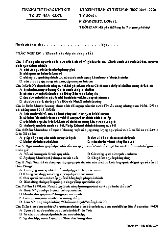 Đề kiểm tra 1 tiết Lịch sử 12 - Đề 209 - Năm học 2019-2020 - Trường THPT Mạc Đĩnh Chi (Có đáp án)