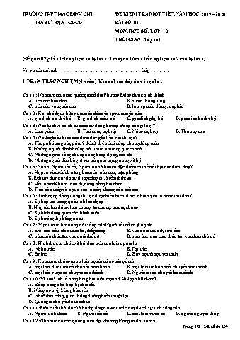 Đề kiểm tra 1 tiết Lịch sử Lớp 10 - Đề 209 - Năm học 2019-2020 - Trường THPT Mạc Đĩnh Chi (Có đáp án)