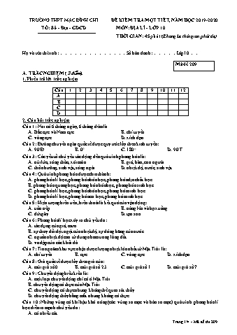 Đề kiểm tra 1 tiết môn Địa lí Lớp 10 - Đề 209 - Năm học 2019-2020 - Trường THPT Mạc Đĩnh Chi (Có đáp án)