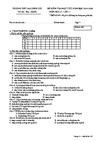 Đề kiểm tra 1 tiết môn Địa lí Lớp 11 - Đề 357 - Năm học 2019-2020 - Trường THPT Mạc Đĩnh Chi (Có đáp án)
