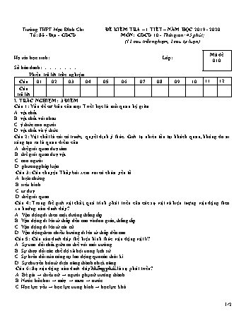 Đề kiểm tra 1 tiết môn Giáo dục công dân Lớp 10 - Đề 1 - Năm học 2019-2020 - Trường THPT Mạc Đĩnh Chi (Có đáp án)