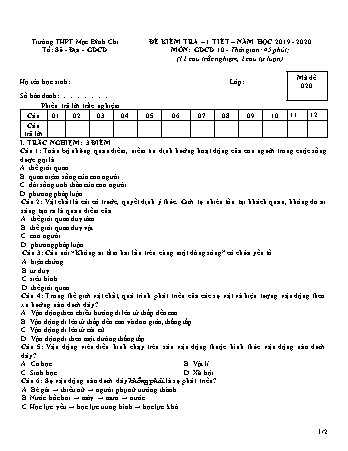 Đề kiểm tra 1 tiết môn Giáo dục công dân Lớp 10 - Đề 2 - Năm học 2019-2020 - Trường THPT Mạc Đĩnh Chi (Có đáp án)