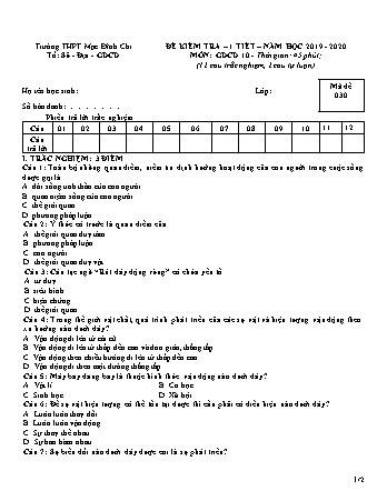 Đề kiểm tra 1 tiết môn Giáo dục công dân Lớp 10 - Đề 3 - Năm học 2019-2020 - Trường THPT Mạc Đĩnh Chi (Có đáp án)