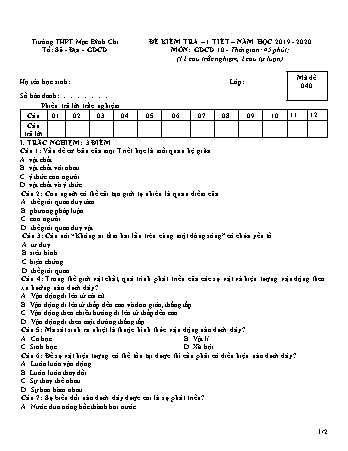 Đề kiểm tra 1 tiết môn Giáo dục công dân Lớp 10 - Đề 4 - Năm học 2019-2020 - Trường THPT Mạc Đĩnh Chi (Có đáp án + Ma trận)