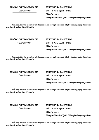 Đề kiểm tra 1 tiết môn Ngữ văn 10 - Bài số 1 - Năm học 2018-2019 - Trường THPT Mạc Đĩnh Chi (Có đáp án)