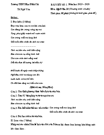 Đề kiểm tra 1 tiết môn Ngữ văn 10 - Bài số 2 - Năm học 2019-2020 - Trường THPT Mạc Đĩnh Chi (Có đáp án + Ma trận)