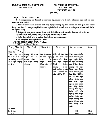 Đề kiểm tra 1 tiết môn Ngữ văn Lớp 10 - Bài số 3 - Năm học 2019-2020 - Trường THPT Mạc Đĩnh Chi (Có đáp án + Ma trận)