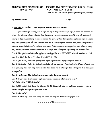 Đề kiểm tra 1 tiết môn Ngữ văn Lớp 11 - Năm học 2019-2020 - Trường THPT Mạc Đĩnh Chi (Có đáp án + Ma trận)