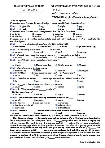 Đề kiểm tra 1 tiết môn Tiếng Anh 10 - Đề 132 - Năm học 2019-2020 - Trường THPT Mạc Đĩnh Chi (Có đáp án)