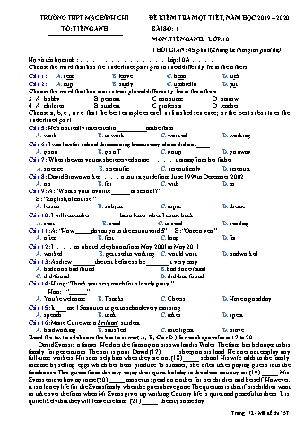 Đề kiểm tra 1 tiết môn Tiếng Anh 10 - Đề 357 - Năm học 2019-2020 - Trường THPT Mạc Đĩnh Chi (Có đáp án)