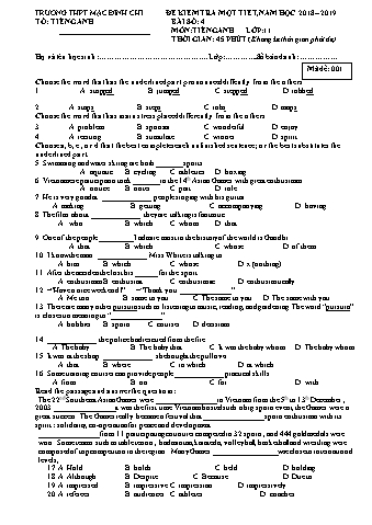 Đề kiểm tra 1 tiết môn Tiếng Anh 11 - Đề 1 - Năm học 2018-2019 - Trường THPT Mạc Đĩnh Chi