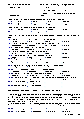 Đề kiểm tra 1 tiết môn Tiếng Anh 11 - Đề 209 - Năm học 2018-2019 - Trường THPT Mạc Đĩnh Chi (Có đáp án + Ma trận)