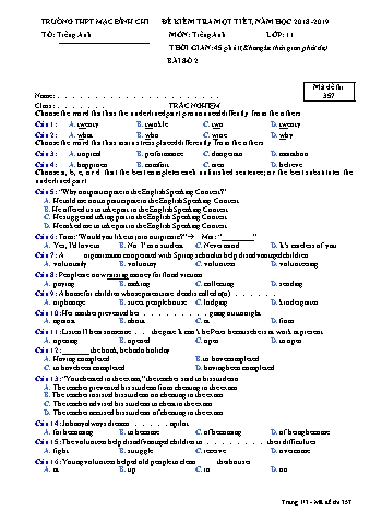 Đề kiểm tra 1 tiết môn Tiếng Anh 11 - Đề 357 - Năm học 2018-2019 - Trường THPT Mạc Đĩnh Chi (Có đáp án + Ma trận)
